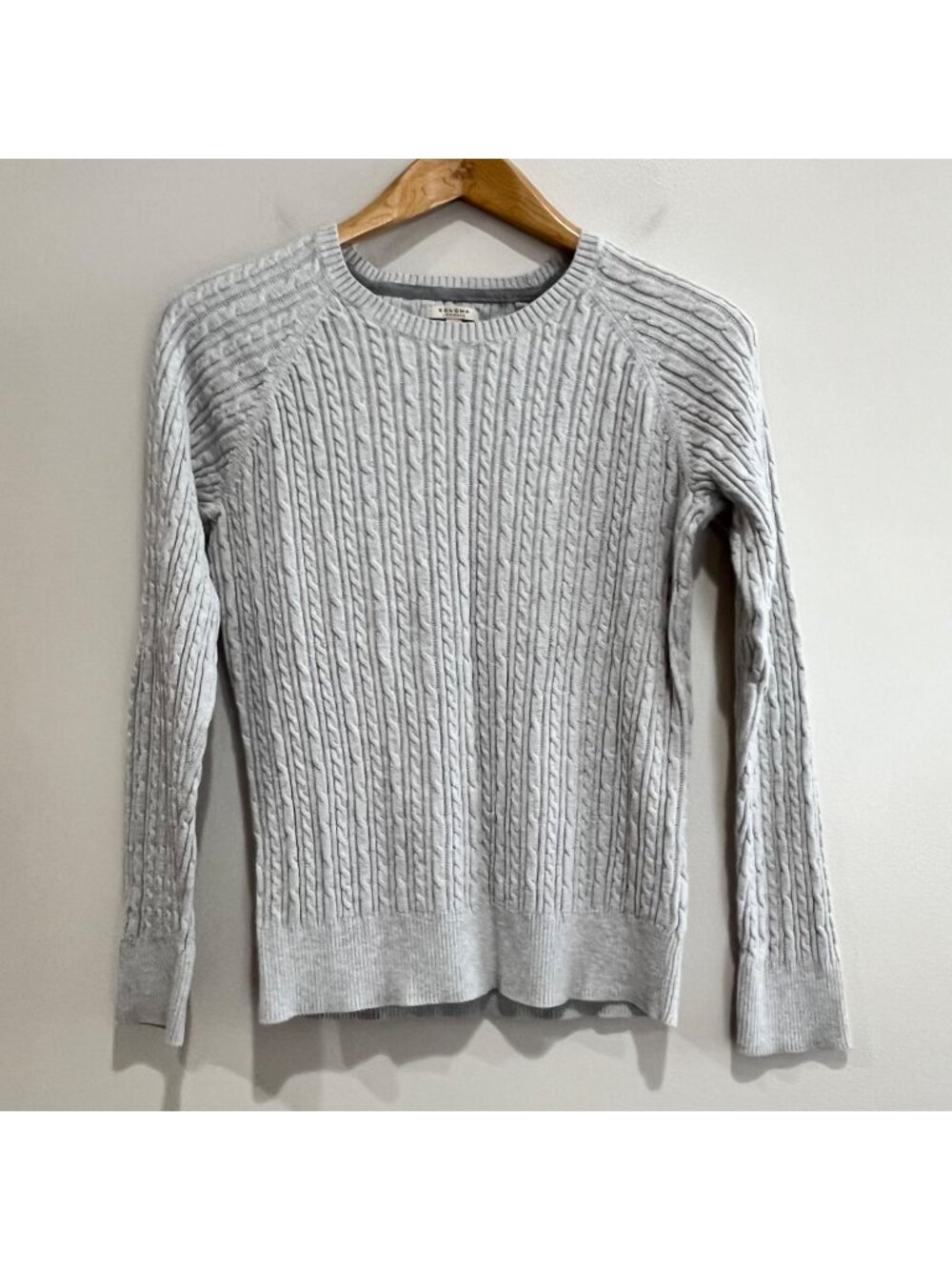 Sonoma Cable Knit Crew Neck Sweater Womens L Gray 100% Cotton Preppy